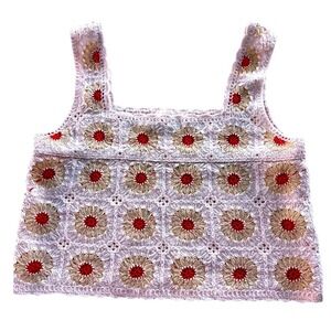 Rebellion Again Crochet Granny Square Sunflower Knit‎ Tank Top Size S Cream